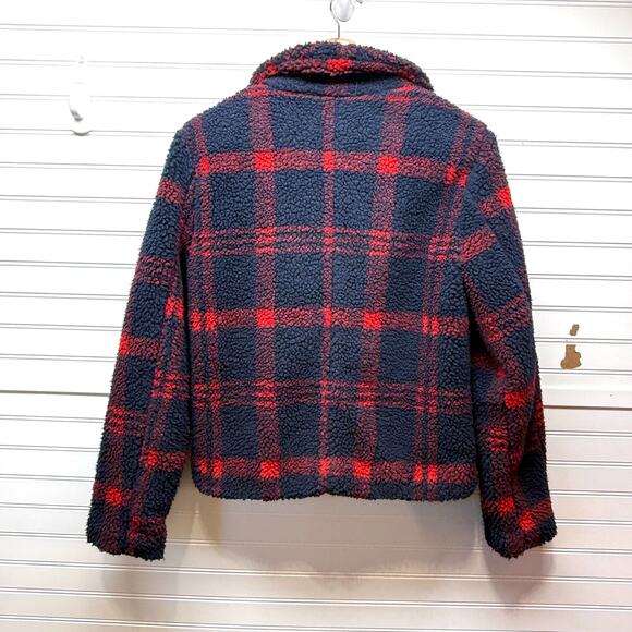 Sanctuary Red & Blue Plaid Teddy Single Button Fully Lined Cropped Jacket Size S - Picture 2 of 12